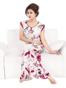 High Quality Rayon Floral Print Long Nighty - White and Red 